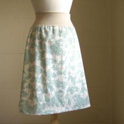Sea Blue and Cream Floral Print Cotton Aline Skirt